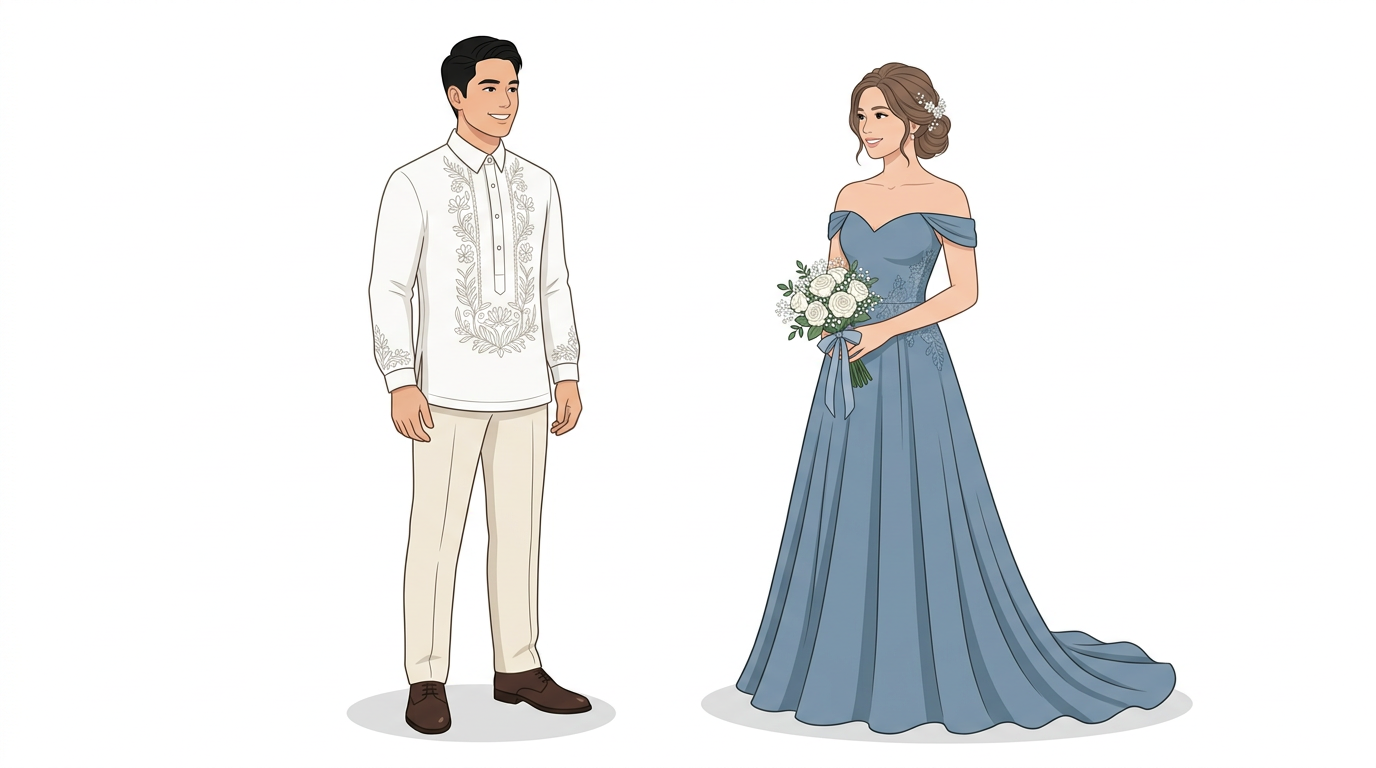 Dusty Blue Barong Tagalog and Long Gown
